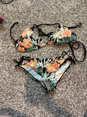 VENUS Black Tropical Floral String Bikini with Orange Flowers